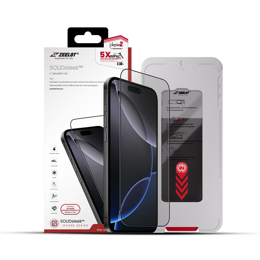 Miếng dán cường lực màn hình iPhone 17 Series ZEELOT SOLIDsleek (2.5D+) Chống nhìn trộm (26 Degree ShadowVue Privacy)